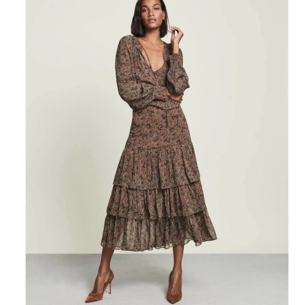 Veronica Beard Tunis Brown Green Paisley Chiffon Tiered Midi Dress 6/8 M